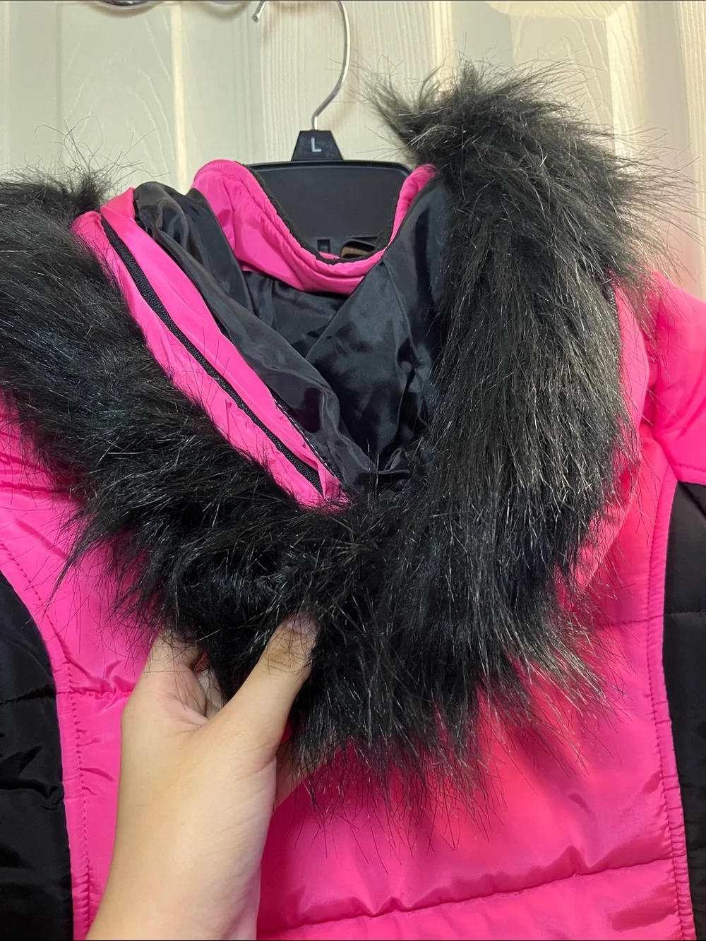 Justice Hot Pink and Black Girls' Puffer Jacket with Removable Faux Fur Trim